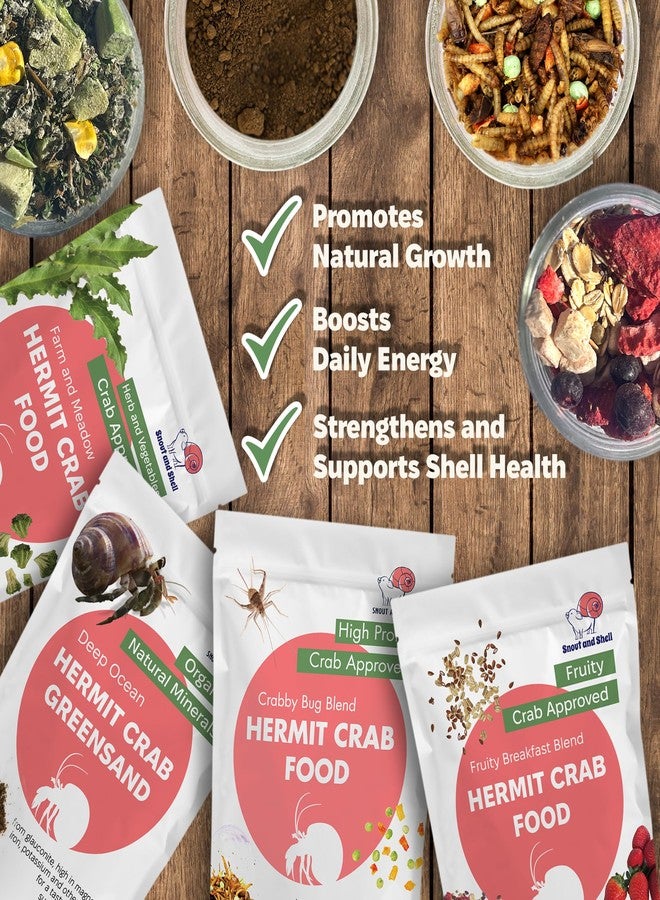 Snout and Shell Hermit Crab Food Bundle (Farm and Meadow, Fruity Breakfast Blend, Crabby Bug Blend, Greensand) - Image 2
